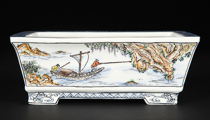 南京　絵鉢　長方 月之輪正泉五彩舟山水図長方鉢 | 盆栽、盆栽書籍、盆栽鉢の通販│近代出版
