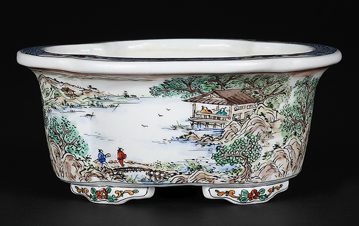 月之輪正泉五彩訪友図木瓜式鉢 | 盆栽、盆栽書籍、盆栽鉢の通販│近代出版