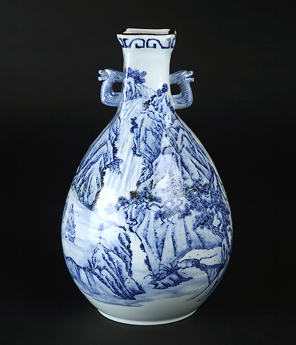 北村宗善染付山水図花瓶