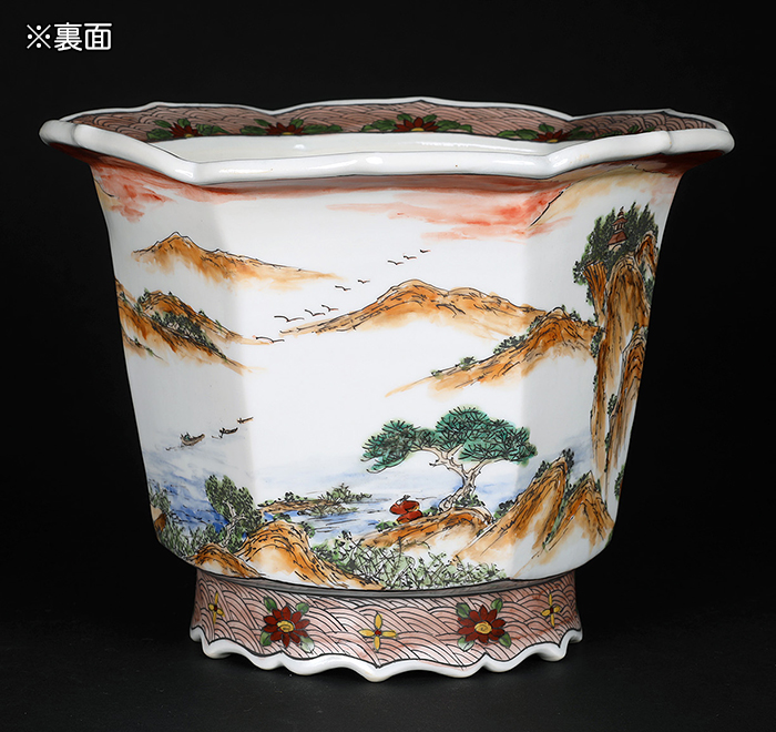 白木盆栽園　陶翠絵鉢　山水人物図　高さ4.6センチ六角鉢　盆栽鉢和鉢朱泥中国鉢 白木盆栽園 陶翠絵鉢 山水人物図 高さ4.6センチ六角鉢