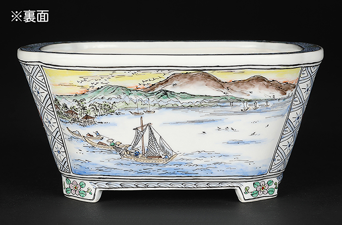盆栽鉢　林陶雀　五彩花紋様染付長方鉢　共布　共箱付 月之輪正泉五彩湖畔風景福寿図長方鉢 | 盆栽、盆栽書籍、盆栽鉢